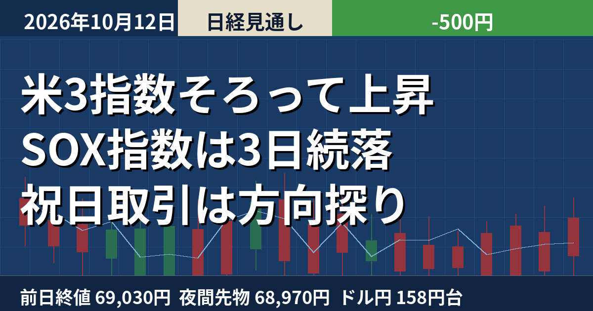 米3指数高もSOX続落、夜間先物は500円安｜日経平均の見通し【10月12日