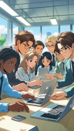 投資初心者が集まってパソコンやタブレットを使って分析をしている画像を日本アニメーションで